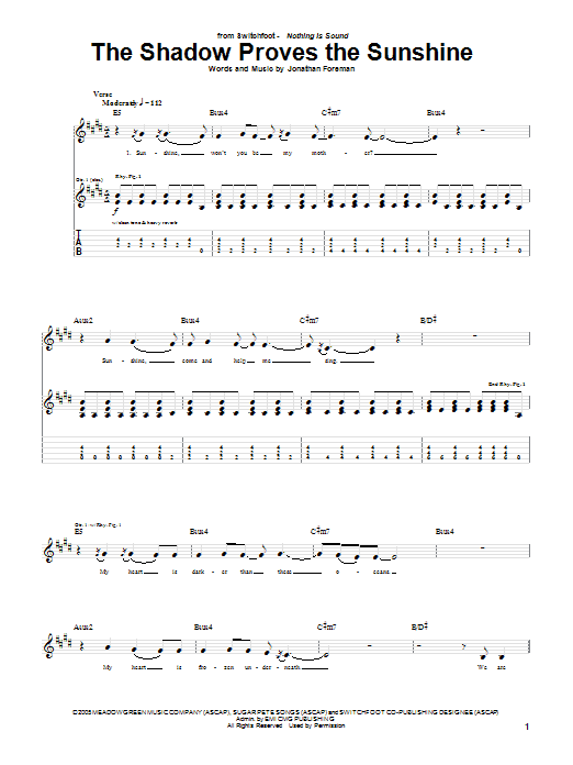 Switchfoot The Shadow Proves The Sunshine Sheet Music Notes & Chords for Guitar Tab - Download or Print PDF Switchfoot The Shadow Proves The Sunshine Sheet Music Notes & Chords for Guitar Tab - Download or Print PDF
