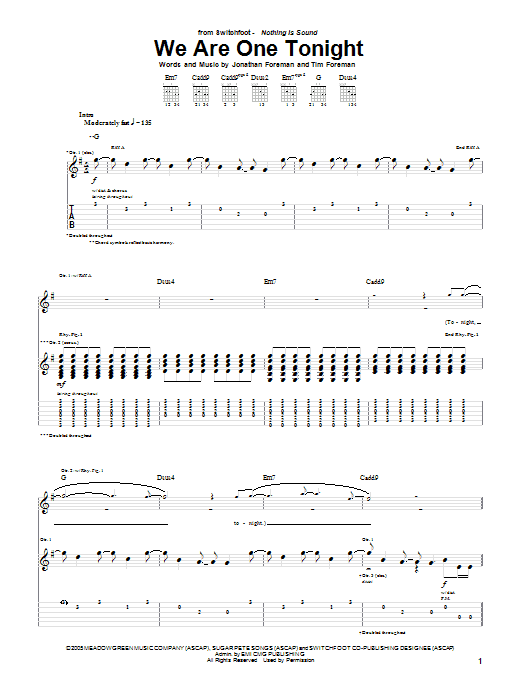 Switchfoot We Are One Tonight Sheet Music Notes & Chords for Easy Guitar Tab - Download or Print PDF