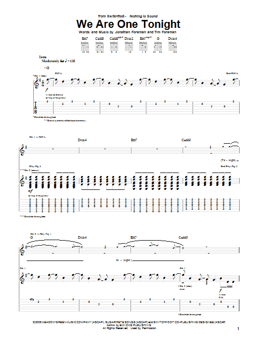 Switchfoot We Are One Tonight Sheet Music Notes & Chords for Easy Guitar - Download or Print PDF
