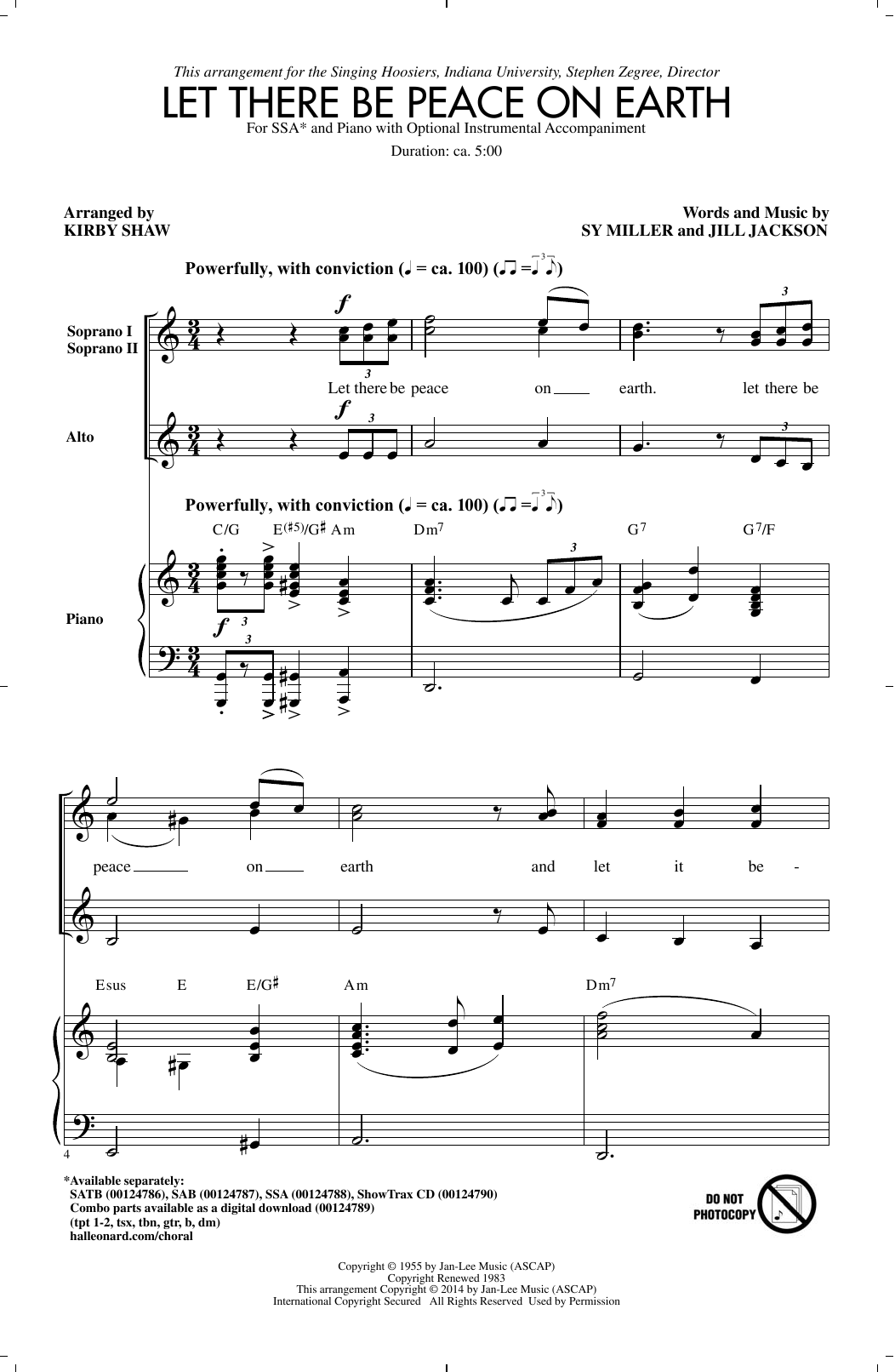 Sy Miller and Jill Jackson Let There Be Peace On Earth (arr. Kirby Shaw) Sheet Music Notes & Chords for SSA Choir - Download or Print PDF