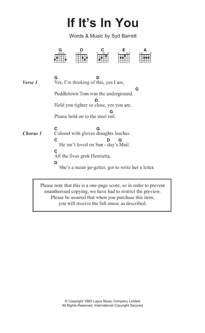 Syd Barrett If It's In You Sheet Music Notes & Chords for Lyrics & Chords - Download or Print PDF Syd Barrett If It's In You Sheet Music Notes & Chords for Lyrics & Chords - Download or Print PDF