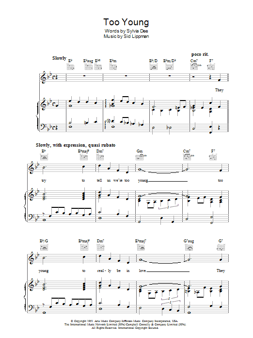 Sylvia Dee Too Young Sheet Music Notes & Chords for Piano, Vocal & Guitar (Right-Hand Melody) - Download or Print PDF