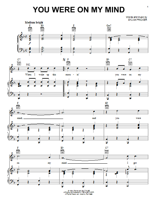 Sylvia Fricker You Were On My Mind Sheet Music Notes & Chords for Piano, Vocal & Guitar (Right-Hand Melody) - Download or Print PDF