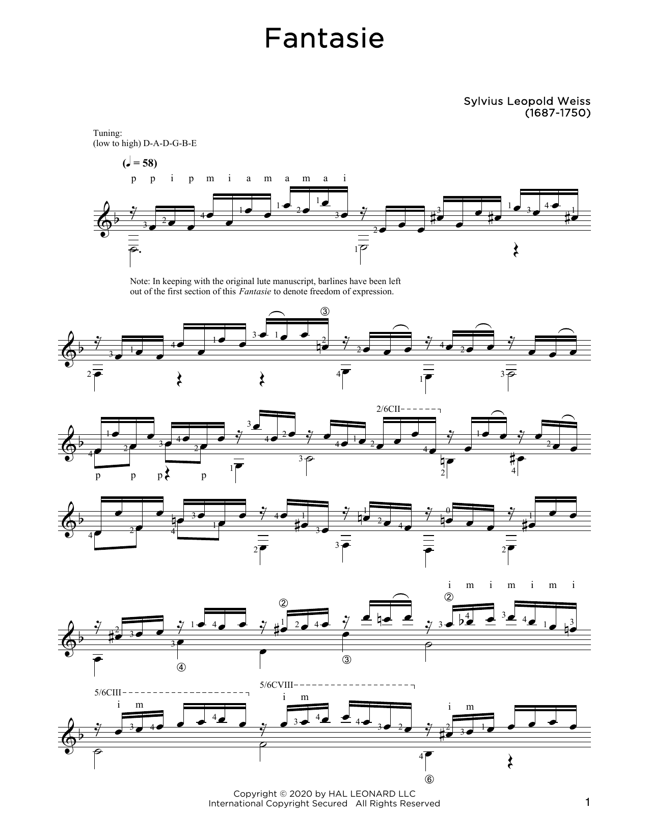 Sylvius Leopold Weiss Fantasie Sheet Music Notes & Chords for Solo Guitar - Download or Print PDF