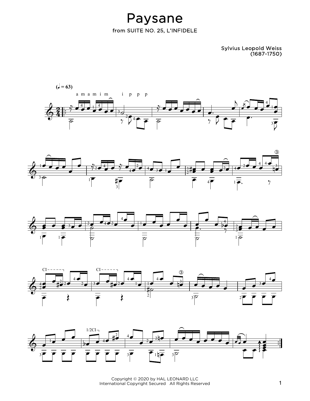 Sylvius Leopold Weiss Paysane Sheet Music Notes & Chords for Solo Guitar - Download or Print PDF