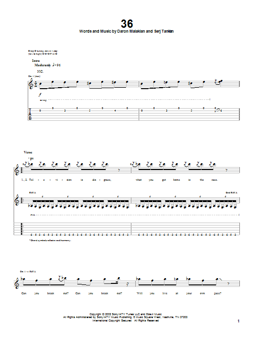 System Of A Down 36 Sheet Music Notes & Chords for Guitar Tab - Download or Print PDF