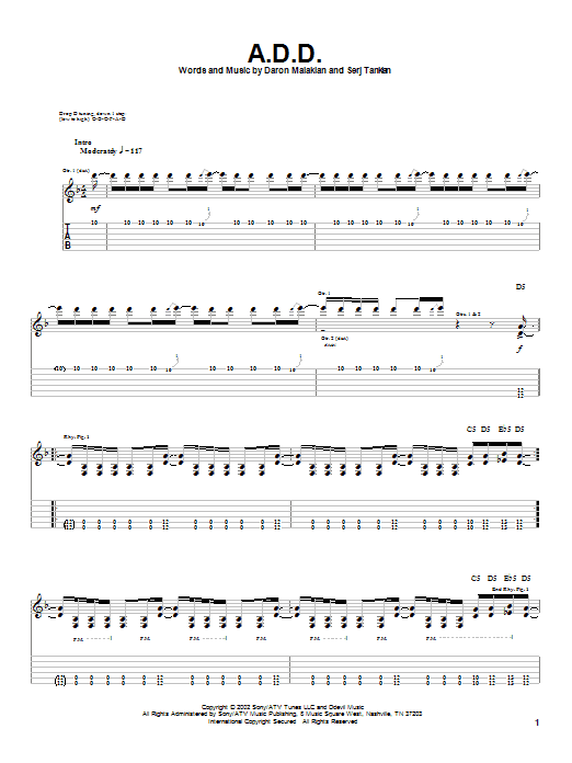 System Of A Down A.D.D. Sheet Music Notes & Chords for Guitar Tab - Download or Print PDF System Of A Down A.D.D. Sheet Music Notes & Chords for Guitar Tab - Download or Print PDF