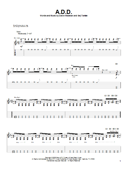 System Of A Down A.D.D. Sheet Music Notes & Chords for Guitar Tab - Download or Print PDF