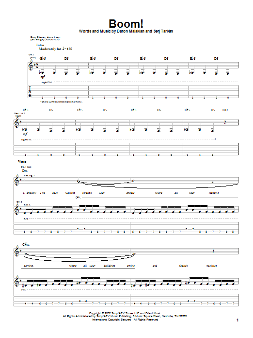 System Of A Down Boom! Sheet Music Notes & Chords for Guitar Tab - Download or Print PDF