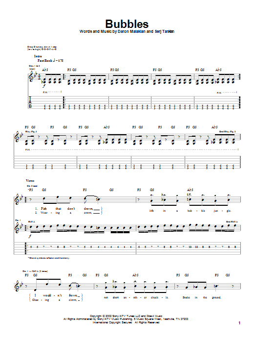 System Of A Down Bubbles Sheet Music Notes & Chords for Guitar Tab - Download or Print PDF