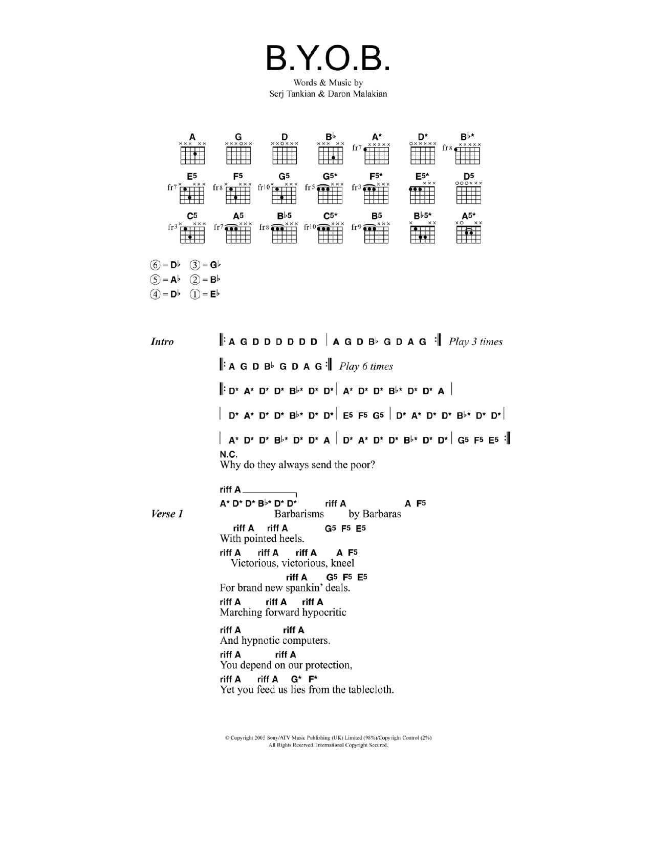 System Of A Down B.Y.O.B. Sheet Music Notes & Chords for Guitar Tab Play-Along - Download or Print PDF