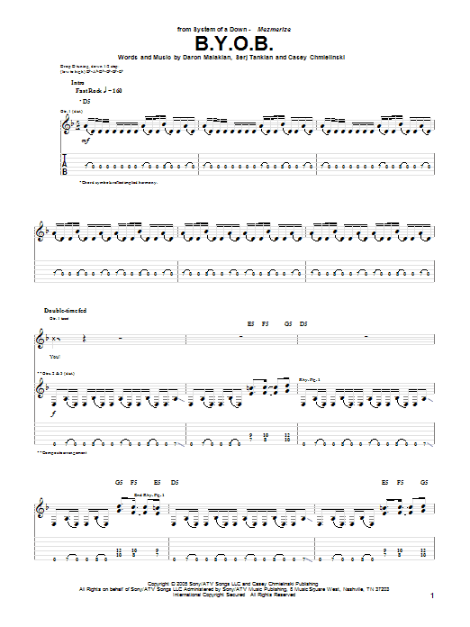 System Of A Down B.Y.O.B. Sheet Music Notes & Chords for Guitar Tab Play-Along - Download or Print PDF