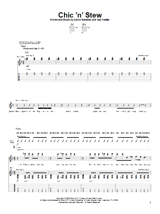System Of A Down Chic 'N' Stew Sheet Music Notes & Chords for Guitar Tab - Download or Print PDF System Of A Down Chic 'N' Stew Sheet Music Notes & Chords for Guitar Tab - Download or Print PDF