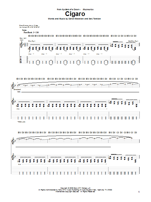 System Of A Down Cigaro Sheet Music Notes & Chords for Guitar Tab - Download or Print PDF