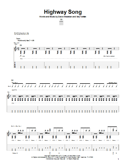 System Of A Down Highway Song Sheet Music Notes & Chords for Guitar Tab - Download or Print PDF System Of A Down Highway Song Sheet Music Notes & Chords for Guitar Tab - Download or Print PDF