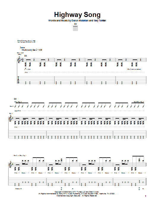 System Of A Down Highway Song Sheet Music Notes & Chords for Guitar Tab - Download or Print PDF