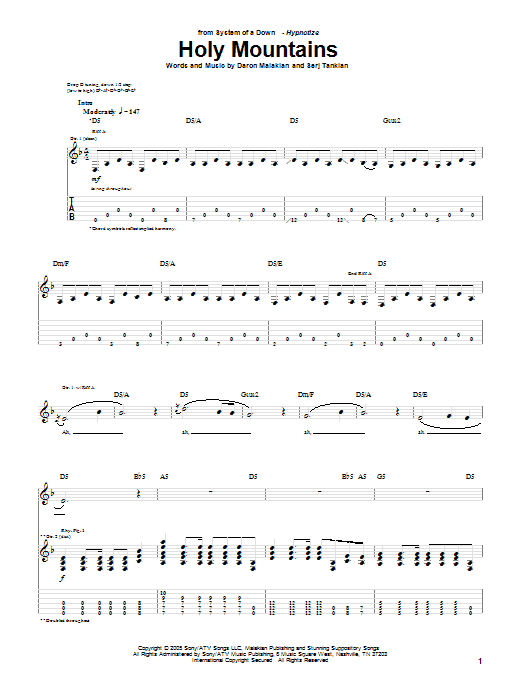 System Of A Down Holy Mountains Sheet Music Notes & Chords for Guitar Tab - Download or Print PDF