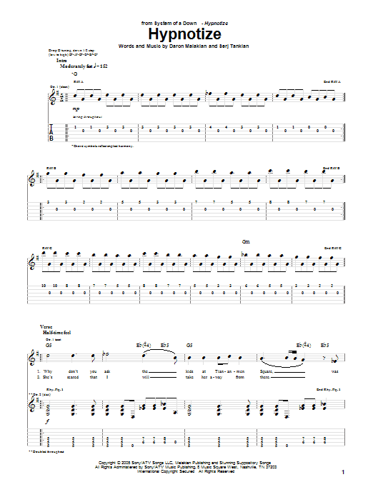 System Of A Down Hypnotize Sheet Music Notes & Chords for Guitar Tab - Download or Print PDF