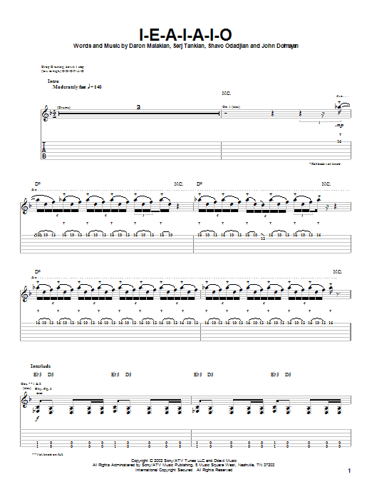 System Of A Down I-E-A-I-A-I-O Sheet Music Notes & Chords for Guitar Tab - Download or Print PDF System Of A Down I-E-A-I-A-I-O Sheet Music Notes & Chords for Guitar Tab - Download or Print PDF