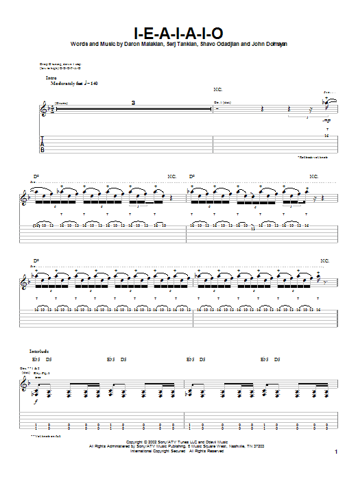 System Of A Down I-E-A-I-A-I-O Sheet Music Notes & Chords for Guitar Tab - Download or Print PDF
