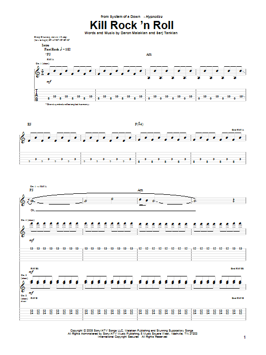 System Of A Down Kill Rock 'N Roll Sheet Music Notes & Chords for Guitar Tab - Download or Print PDF