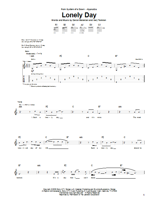 System Of A Down Lonely Day Sheet Music Notes & Chords for Guitar Tab - Download or Print PDF