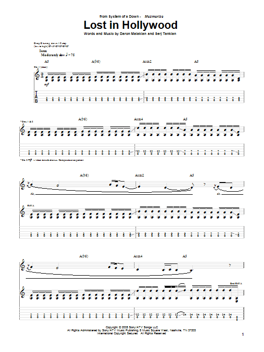 System Of A Down Lost In Hollywood Sheet Music Notes & Chords for Guitar Tab - Download or Print PDF