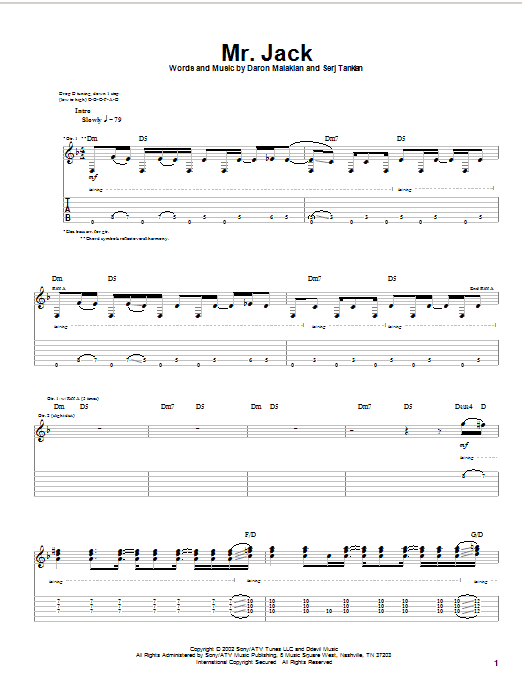 System Of A Down Mr. Jack Sheet Music Notes & Chords for Guitar Tab - Download or Print PDF System Of A Down Mr. Jack Sheet Music Notes & Chords for Guitar Tab - Download or Print PDF