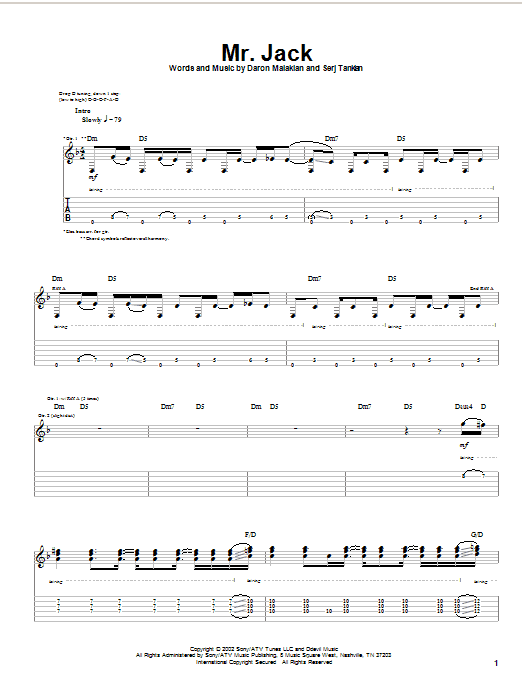 System Of A Down Mr. Jack Sheet Music Notes & Chords for Guitar Tab - Download or Print PDF
