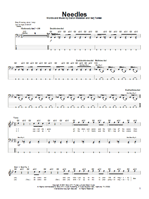 System Of A Down Needles Sheet Music Notes & Chords for Bass Guitar Tab - Download or Print PDF