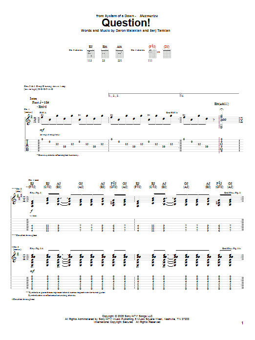 System Of A Down Question! Sheet Music Notes & Chords for Guitar Tab - Download or Print PDF