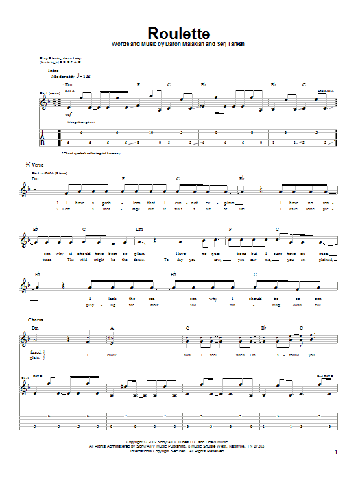System Of A Down Roulette Sheet Music Notes & Chords for Guitar Tab - Download or Print PDF