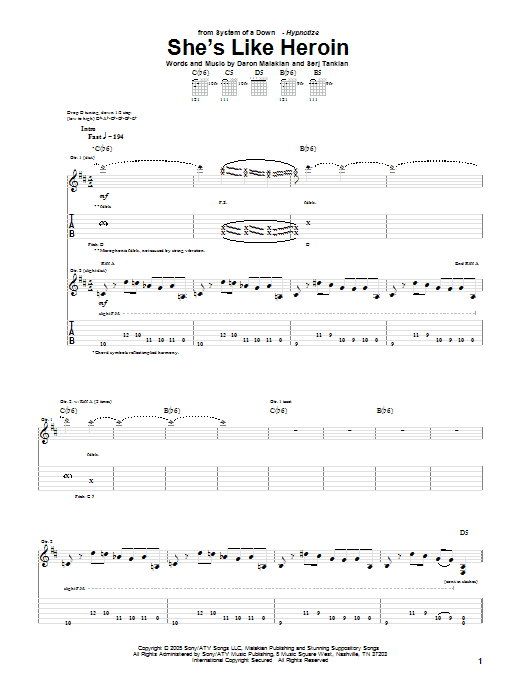 System Of A Down She's Like Heroin Sheet Music Notes & Chords for Guitar Tab - Download or Print PDF