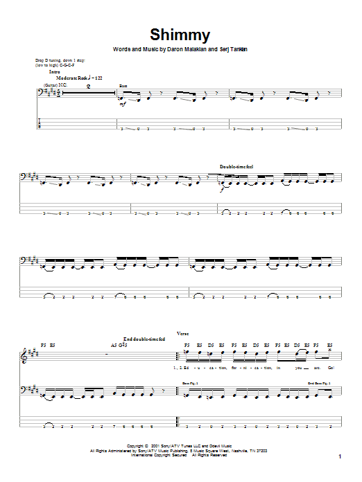 System Of A Down Shimmy Sheet Music Notes & Chords for Bass Guitar Tab - Download or Print PDF