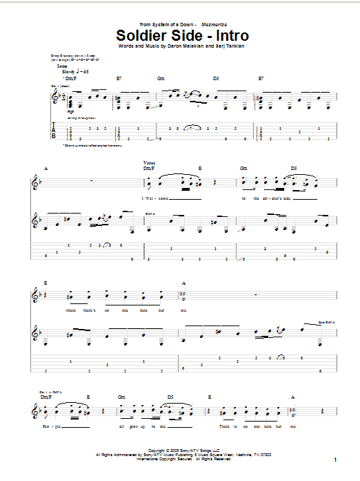 System Of A Down Soldier Side (Intro) Sheet Music Notes & Chords for Guitar Tab - Download or Print PDF