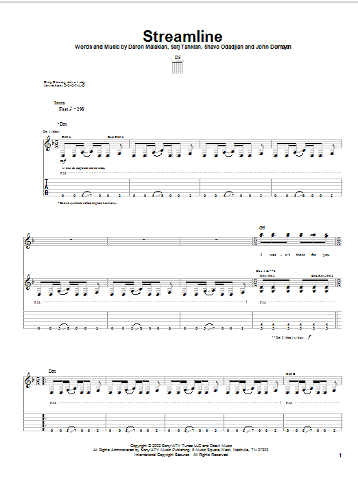 System Of A Down Streamline Sheet Music Notes & Chords for Guitar Tab - Download or Print PDF System Of A Down Streamline Sheet Music Notes & Chords for Guitar Tab - Download or Print PDF