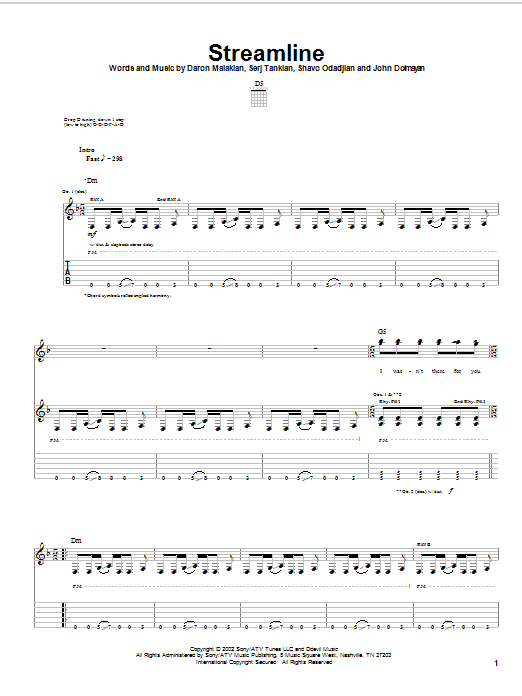 System Of A Down Streamline Sheet Music Notes & Chords for Guitar Tab - Download or Print PDF