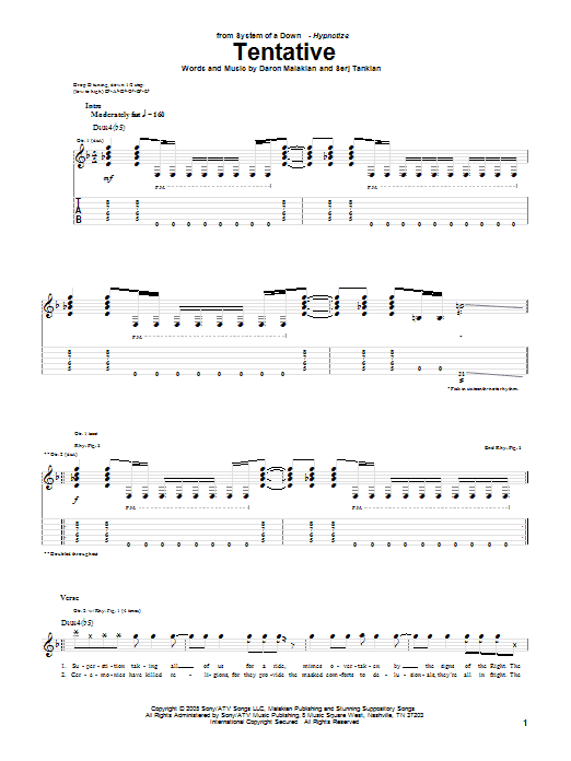System Of A Down Tentative Sheet Music Notes & Chords for Guitar Tab - Download or Print PDF