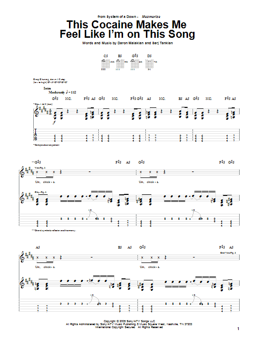 System Of A Down This Cocaine Makes Me Feel Like I'm On This Song Sheet Music Notes & Chords for Guitar Tab - Download or Print PDF