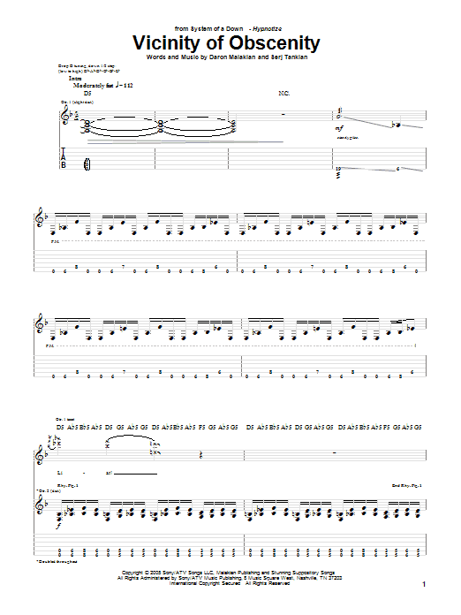 System Of A Down Vicinity Of Obscenity Sheet Music Notes & Chords for Guitar Tab - Download or Print PDF