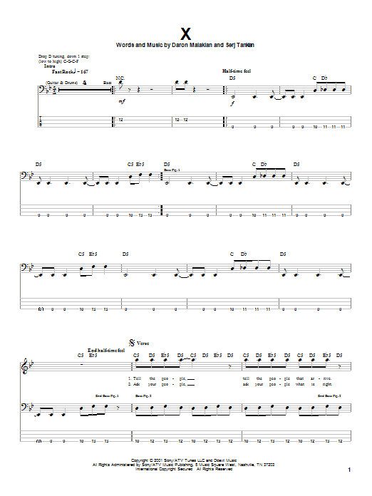 System Of A Down X Sheet Music Notes & Chords for Bass Guitar Tab - Download or Print PDF