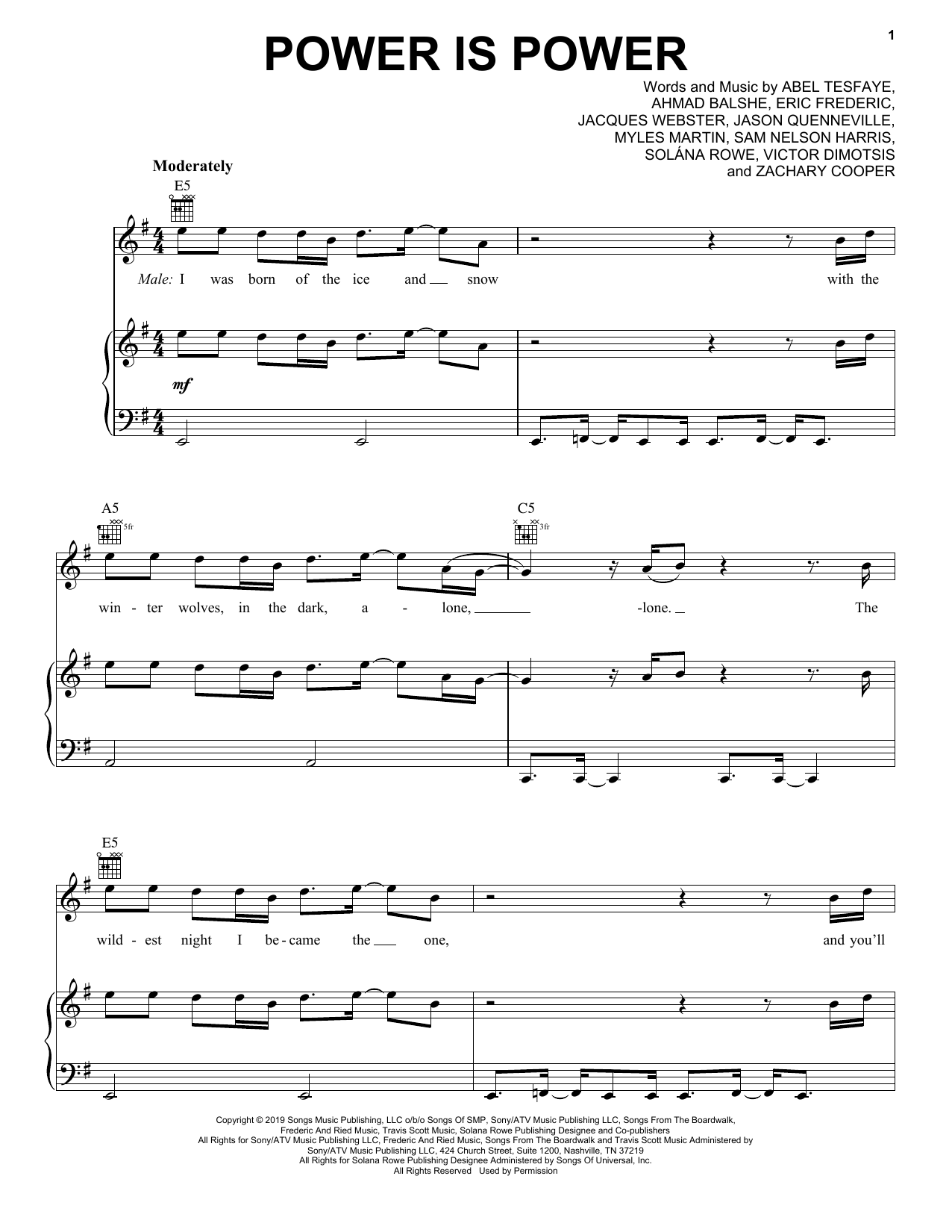 SZA, The Weeknd & Travis Scott Power Is Power (from For the Throne: Music Inspired by Game of Thrones) Sheet Music Notes & Chords for Piano, Vocal & Guitar (Right-Hand Melody) - Download or Print PDF