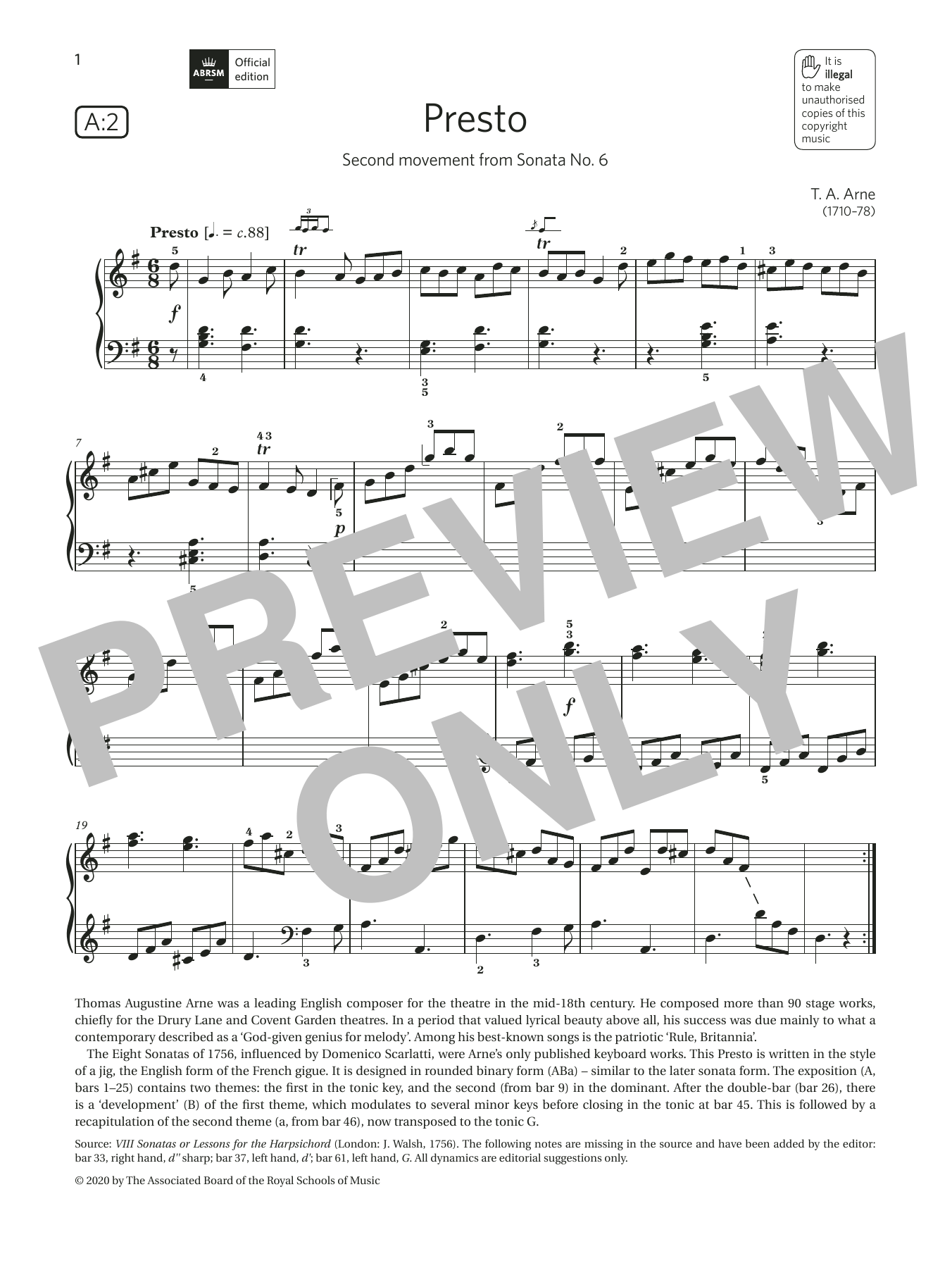 T. A. Arne Presto (Grade 5, list A2, from the ABRSM Piano Syllabus 2021 & 2022) Sheet Music Notes & Chords for Piano Solo - Download or Print PDF