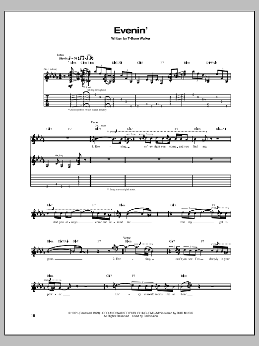 T-Bone Walker Evenin' Sheet Music Notes & Chords for Guitar Tab - Download or Print PDF