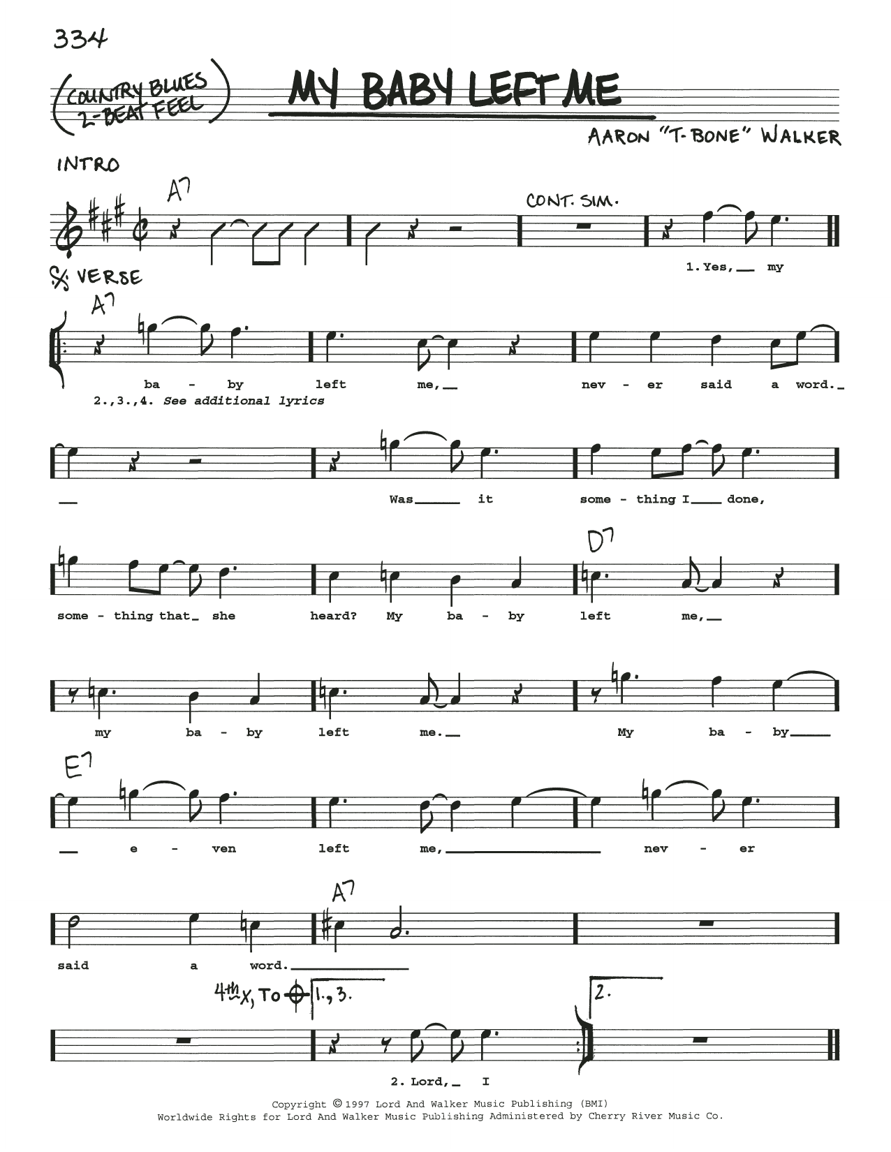 T-Bone Walker My Baby Left Me Sheet Music Notes & Chords for Real Book – Melody, Lyrics & Chords - Download or Print PDF