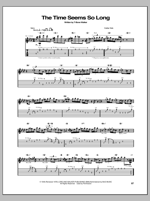 T-Bone Walker The Time Seems So Long Sheet Music Notes & Chords for Guitar Tab - Download or Print PDF