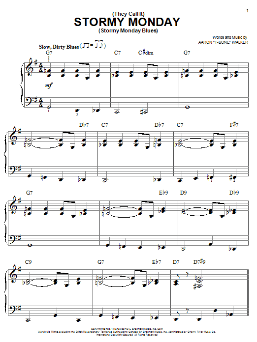 T-Bone Walker (They Call It) Stormy Monday (Stormy Monday Blues) Sheet Music Notes & Chords for Piano, Vocal & Guitar (Right-Hand Melody) - Download or Print PDF