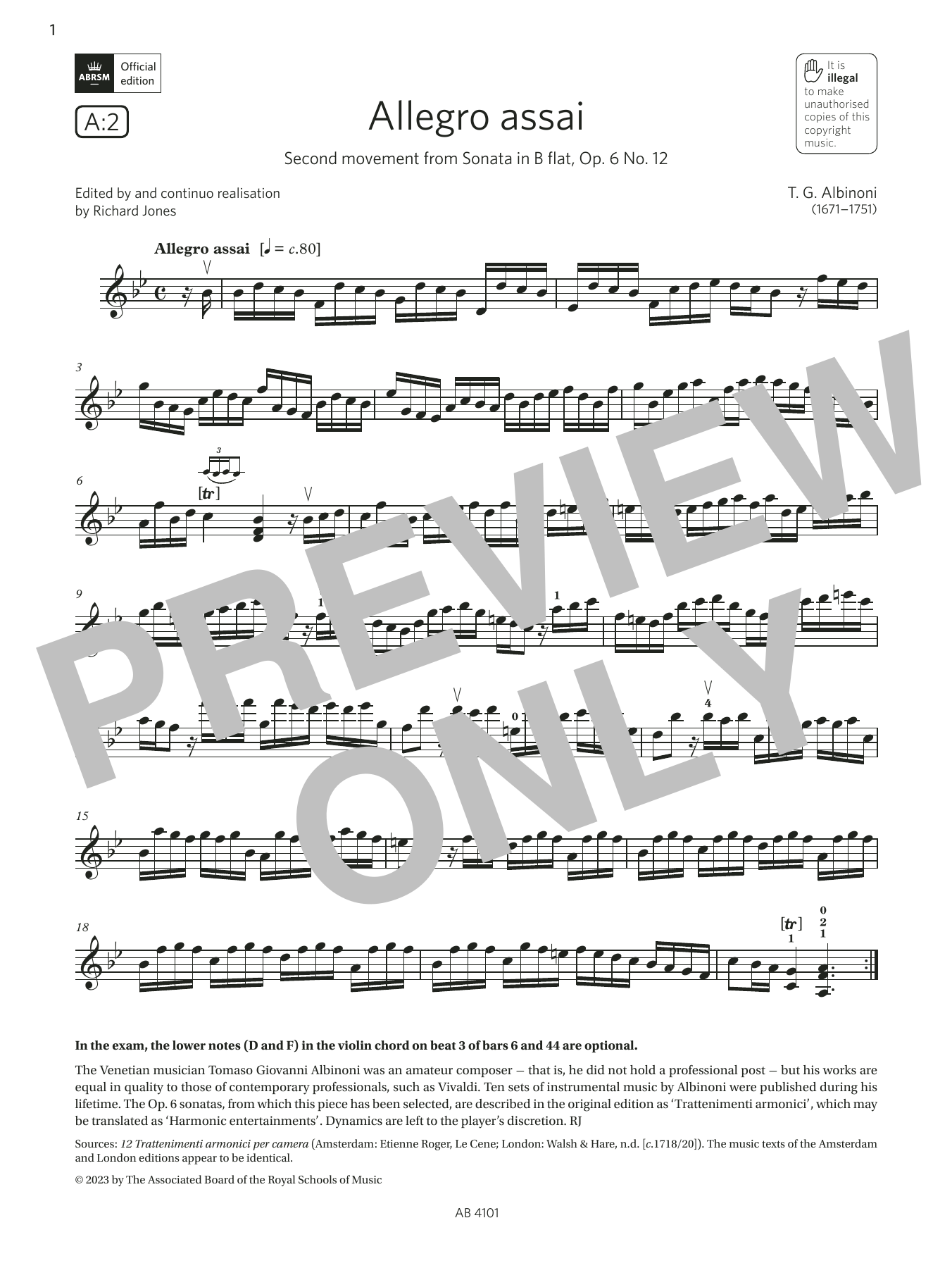 T. G. Albinoni Allegro assai (Grade 7, A2, from the ABRSM Violin Syllabus from 2024) Sheet Music Notes & Chords for Violin Solo - Download or Print PDF