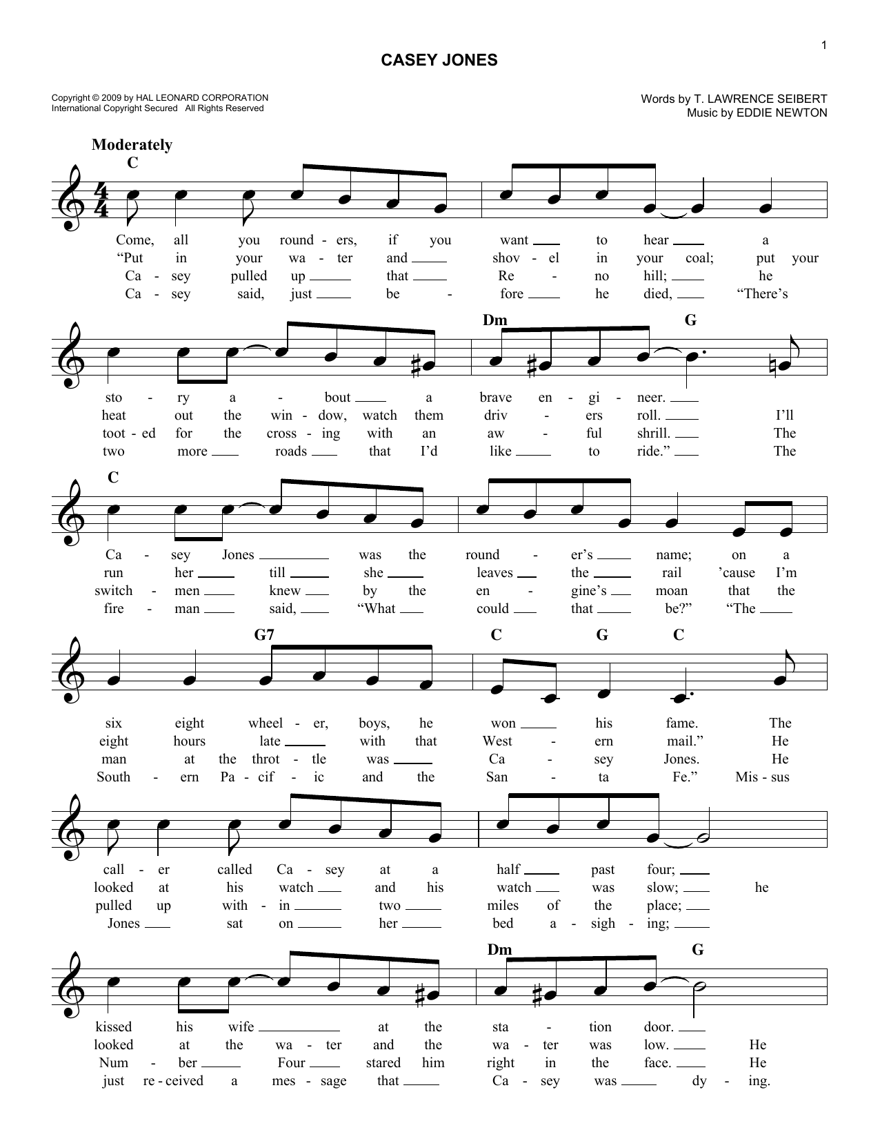 T. Lawrence Seibert Casey Jones Sheet Music Notes & Chords for Melody Line, Lyrics & Chords - Download or Print PDF
