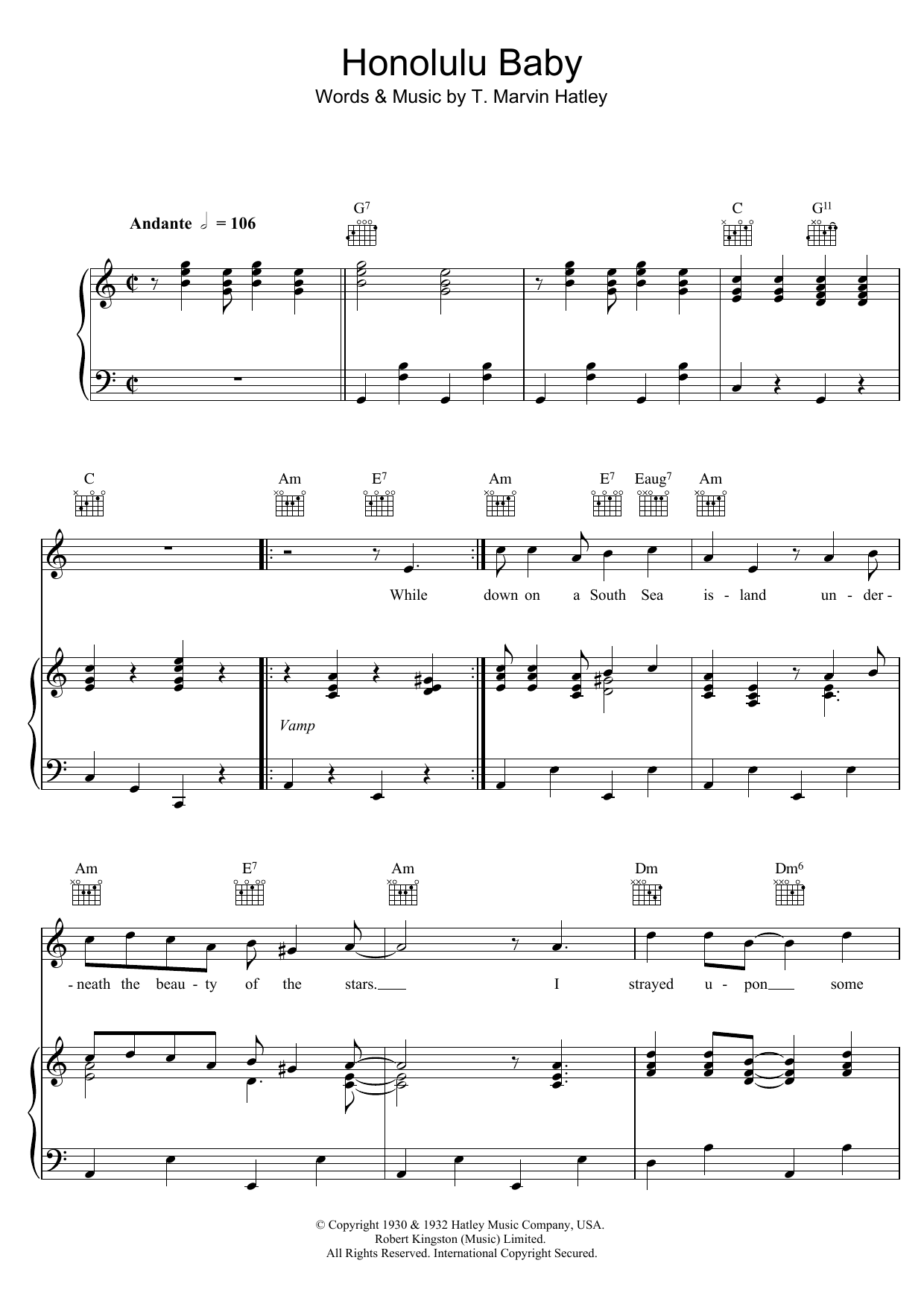 T. Marvin Hatley Honolulu Baby Sheet Music Notes & Chords for Piano, Vocal & Guitar (Right-Hand Melody) - Download or Print PDF